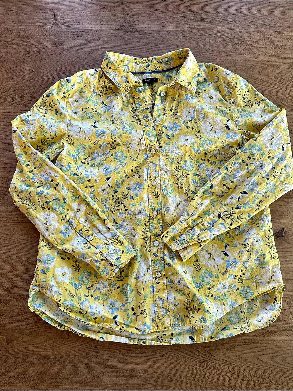 Talbots Floral Cotton Button Down Yellow Size Large Petite